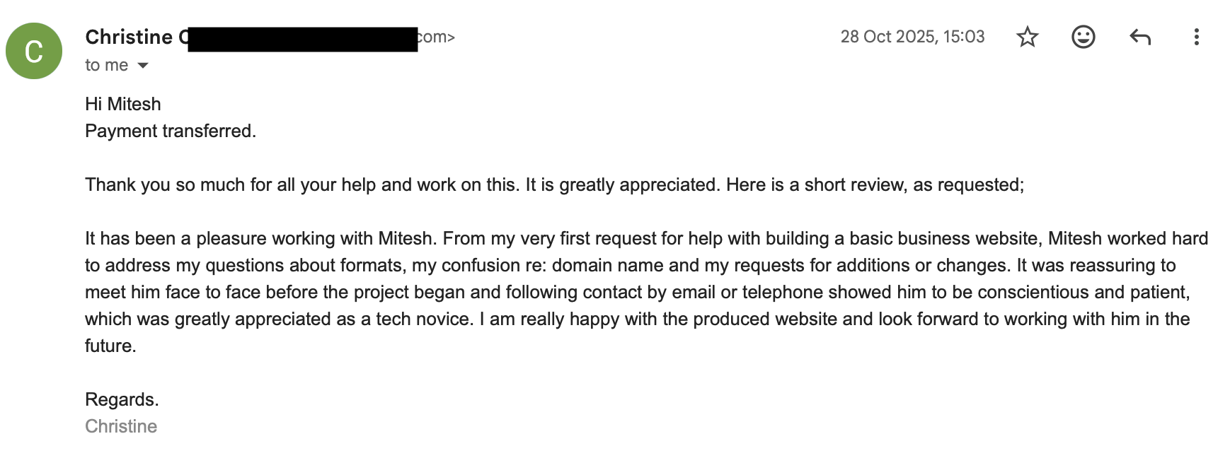 Email testimonial from Christine